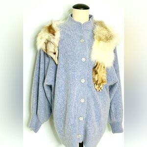 Rare Vintage Kamiran Gray Angora Button Up Sweater w/Full Taxidermy Fox Medium